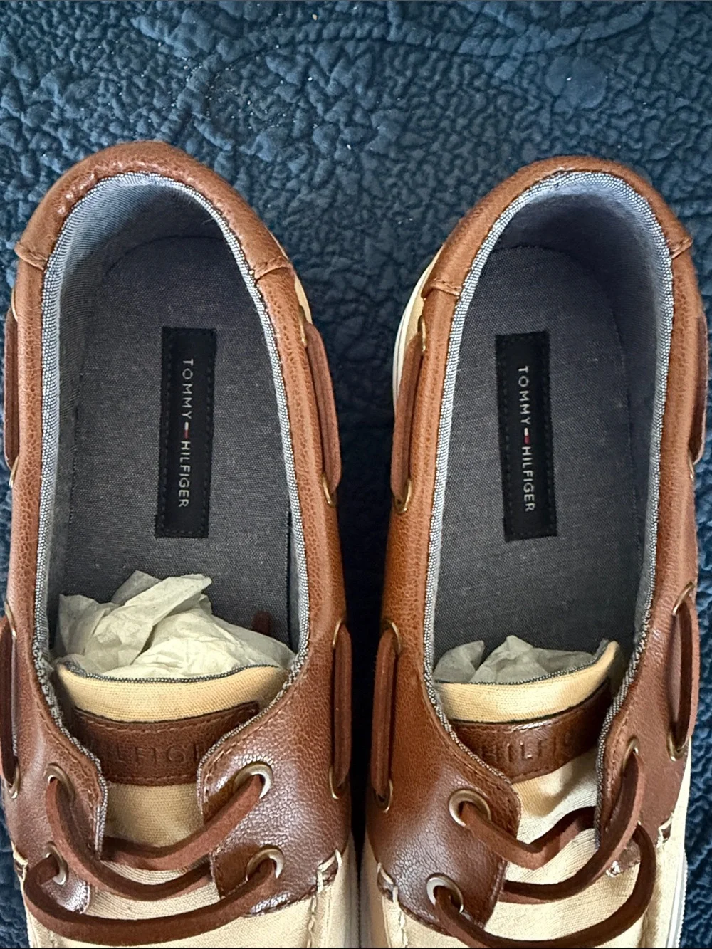 Tommy Hilfiger Men’s Tan Canvas and Brown Leather-Trim Boat Shoes